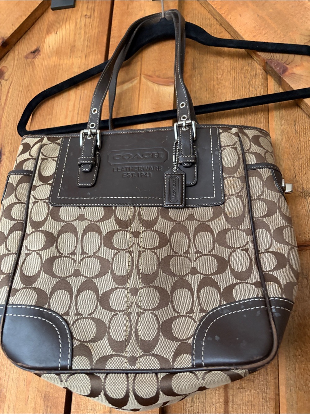 COACH Brown Signature Canvas Tote with Dark Brown Leather Trim - Picture 2 of 11